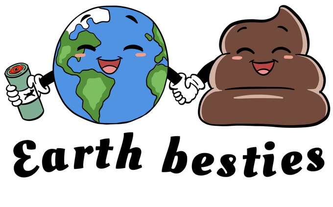 Two Stop & Go poop-bag rolls beside a leaf, illustrating the "Earth Besties" recycled-plastic bags
