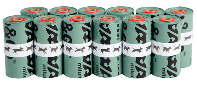 A box of Stop & Go bags with its 12 rolls laid out, a roughly three-month supply
