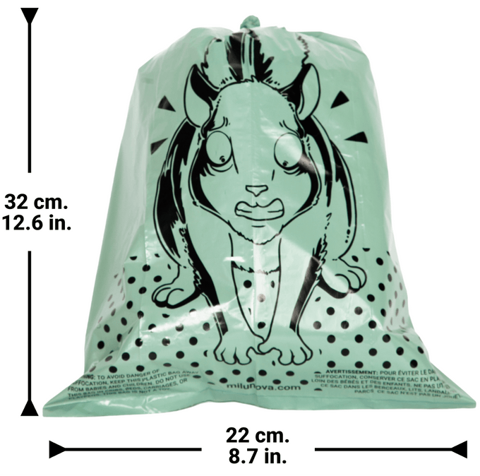 A green Stop & Go poop bag held open to show its large size, strength and leak-proof seal