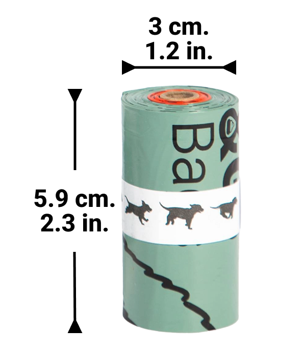 A single Stop & Go bag roll shown next to its measurements to indicate roll size and holder fit