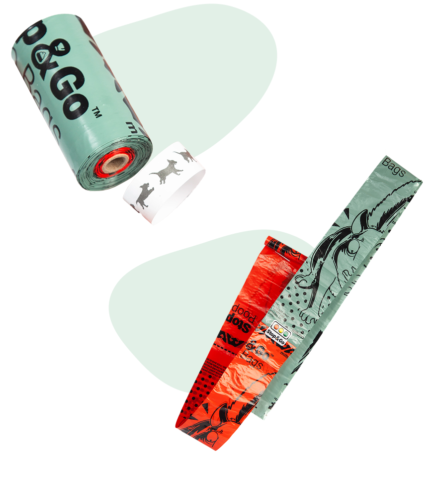 A D&GO roll of Stop & Go bags above tilted red and green bag strips showing the color-change warning