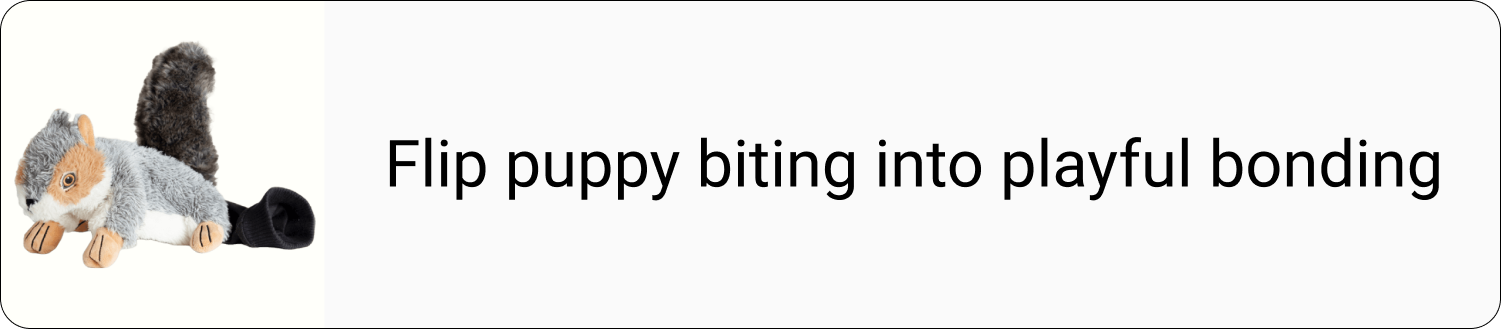 Toy wrestling glove puppet squirrel with text 'Flip puppy biting into playful bonding' on an ivory white background